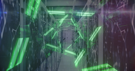 Image of digital interface with network of connections, green glowing neon and computer servers in...