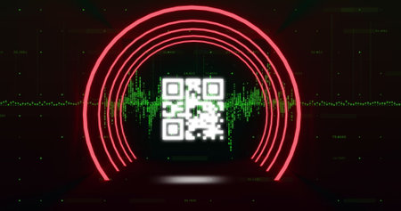 Image of glowing QR code with red neon circle elements and green light trails in the background....