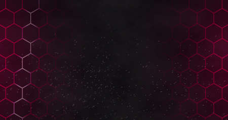 Image of grid of red hexagons with flashing white light and particles on dark background....