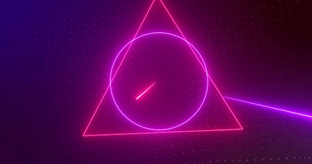 Image of rotating red and pink neon shapes with pink and red laser beams on dark background. technology, energy and movement concept, digitally generated image.の写真素材