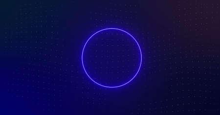 Image of rotating blue neon shapes with shooting blue and purple laser beams on dark background. technology, energy and movement concept, digitally generated image.の写真素材