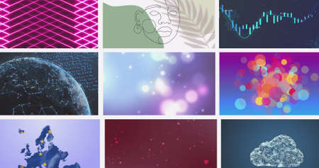 Composite image of multiple scrolling business, leisure and technology screens. global communication, business, technology and leisure, digital interface concept digitally generated image.の写真素材