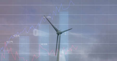 Image of wind turbine turning, data processing and stock exchange graph increasing and decreasing. Global environmental issues and development concept digitally generated image.の写真素材
