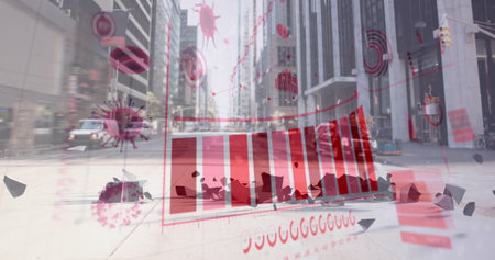 Image of financial data processing with red virus cells with American dollar sign crashing with...