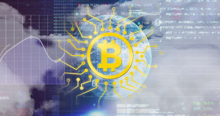 Image of financial data processing, binary coding and bitcoin symbol over globe and clouds on blue...