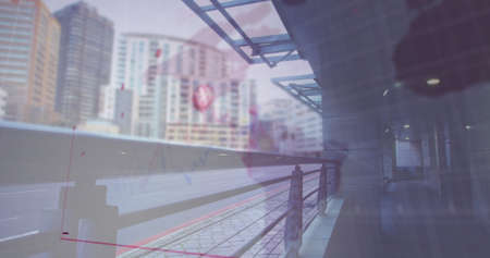Image of financial data processing with virus cells on cityscape, road traffic in fast motion in the...
