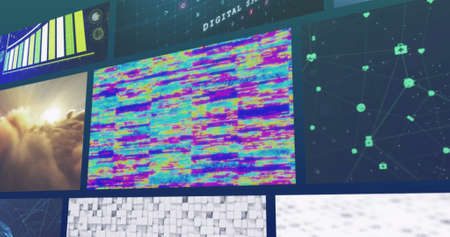 Composite image of nine business, leisure and technology screens. global communication, business,...