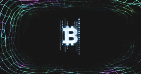 Image of binary coding processing and bitcoin symbol over  green mesh on black background....