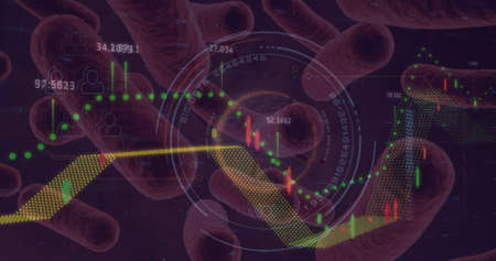 Digital image of Stock market data processing over spinning globe against cells moving. virus pandemic and Global finances conceptの写真素材
