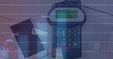 Image of financial data processing over payment terminal and smartphone. global finances, business...