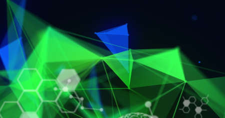Image of data processing, glowing 3d human brain spinning and plexus of network connections on blue...