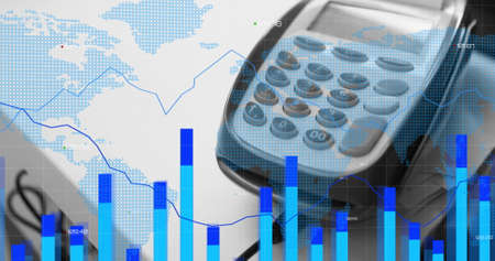Image of financial data processing over payment terminal. global finances, business and contactless...