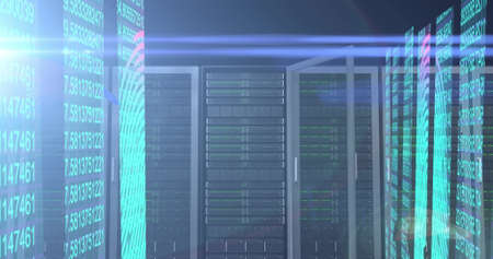 Digital image of security fingerprint scanner and data processing over empty server room. Digital...