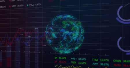 Image of financial data processing over globe formed with network of connections spinning in the background. Global business finance network interface concept digitally generated image.の写真素材