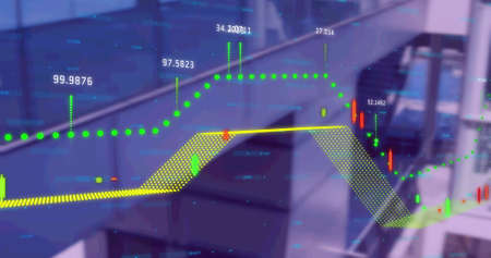 Image of financial data processing over modern building. global finances, business and connection...