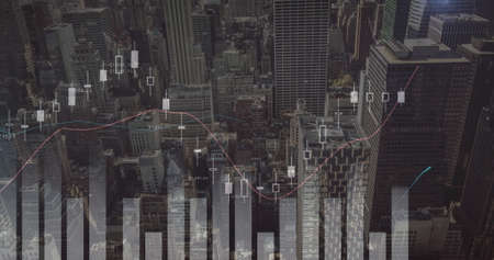 Digital image of graphs moving in the screen and background of cityscape with buildings 4kの写真素材