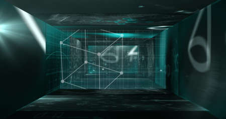Image of statistics processing and scientific data on screens. digital interface and global science...