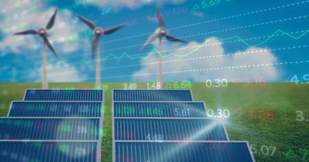 Image of financial data processing over wind turbines and solar panels. global finance, environment and sustainability concept digitally generated image.の写真素材