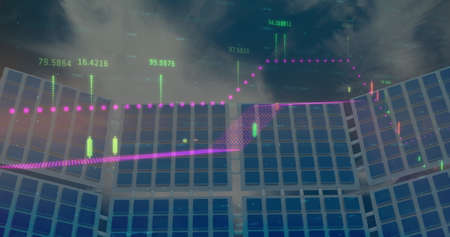 Image of financial data processing over solar panels. global finance, environment and sustainability...