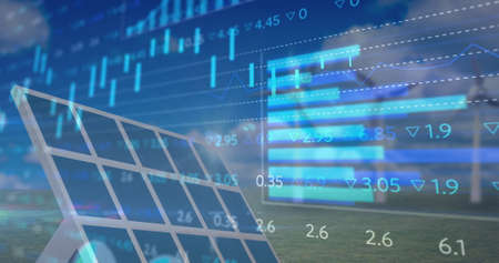 Financial data processing against solar panel and windmill in background. global finances and...