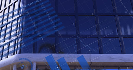 Image of financial data processing with world map and statistics recording over modern building....