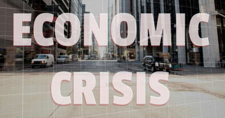 Image of Economic Crisis text with red lines descending, American dollar sign falling and breaking over cityscape. Global finance business economy crisis concept digitally generated imageの写真素材