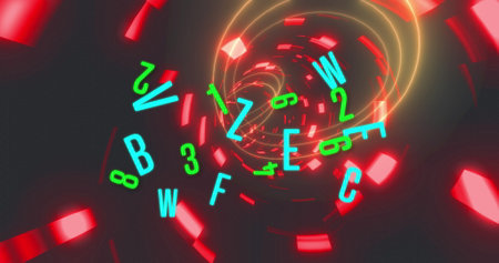 Image of numbers and letters changing over glowing tunnel. digital interface global connection and communication concept digitally generated image.の写真素材