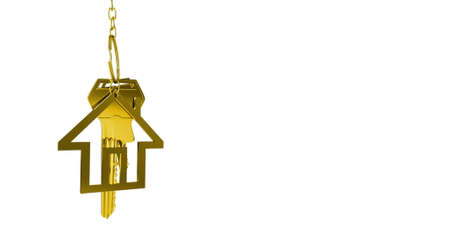 Image of golden house keys and house shaped key fob hanging on a white background 4kの写真素材