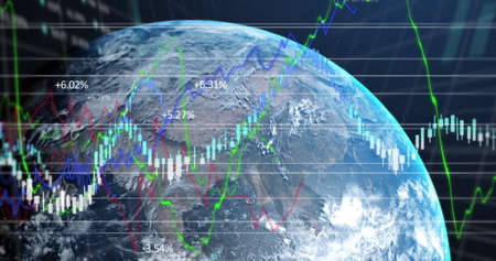 Image of financial data processing and statistics recording over planet Earth. Global business...