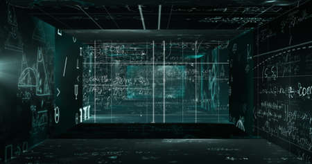 Image of statistics processing and scientific data on screens. digital interface and global science...