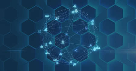 Image of globe of network of connections with icons over blue hexagons. digital interface global...