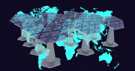Solar panels over multiple traffic cones against world map on black background. global networking...
