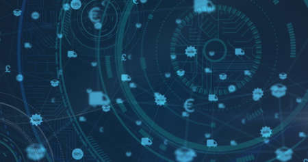 Image of network of connections with online shopping icons and scopes scanning. digital interface...