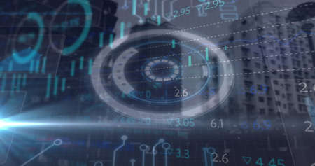 Stock market data processing and round scanner against tall buildings in background. global finance...