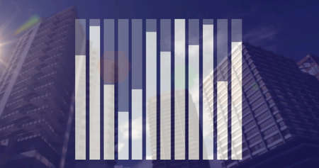 Digital composition of statistical data processing against tall buildings in background. global finance and business conceptの写真素材