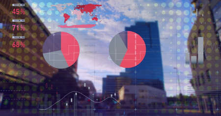 Image of financial data processing and statistics recording over cityscape in the background. Global...