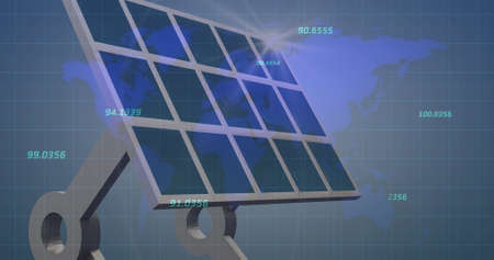 Multiple changing numbers over world map against solar panel on grid network. global finances and...