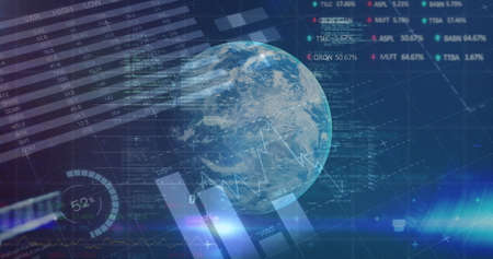 Image of graphs, charts, financial data and digital interface moving over turning globe on dark...