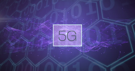 Image of 5g text over binary coding and purple hexagons. digital interface global connection and...