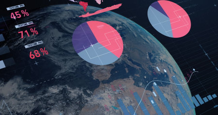 Image of financial data processing and statistics recording over planet Earth. Global business finances networking concept digitally generated image.の写真素材