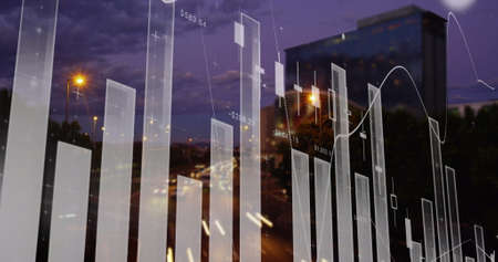 Image of data processing and business graphs and statistics with cityscape in the background 4k