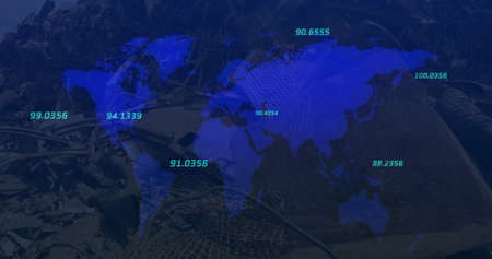 Image of financial data processing statistic recording over world map and urban industrial site....