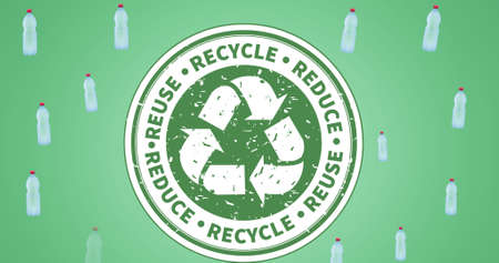Composition of recycling text and logo with plastic bottles on green background. background. global...
