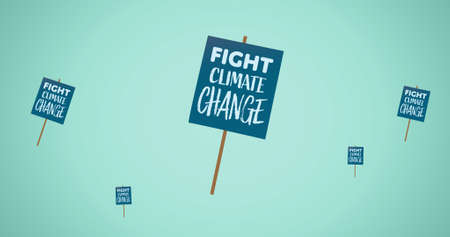 Composition of climate change text on placard over blue background. global conservation and earth day concept digitally generated image.の写真素材