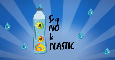Composition of anti plastic ecology text and fish in bottle and droplets on blue striped background. global conservation and earth day concept digitally generated image.の写真素材