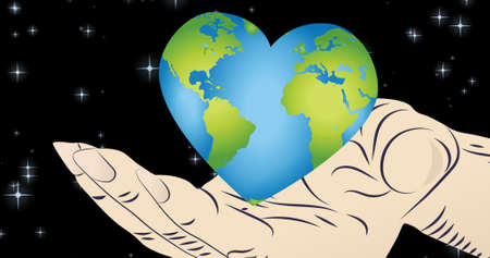 Composition of hand holding heart shaped globe on night sky background. global conservation and earth day concept digitally generated image.の写真素材