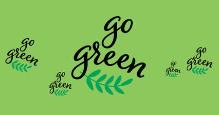 Composition of go green text and leaf logo over green background. global conservation and earth day concept digitally generated image.の写真素材