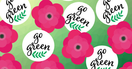 Composition of red flowers and go green text on green background. global conservation and earth day...