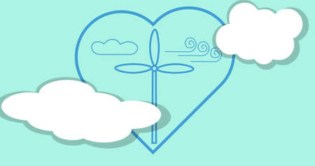 Composition of windmill and heart logo over blue sky and clouds. global conservation and earth day concept digitally generated image.の写真素材