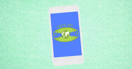Composition of earth day text and globe logo on blue smartphone screen, over pale green background....